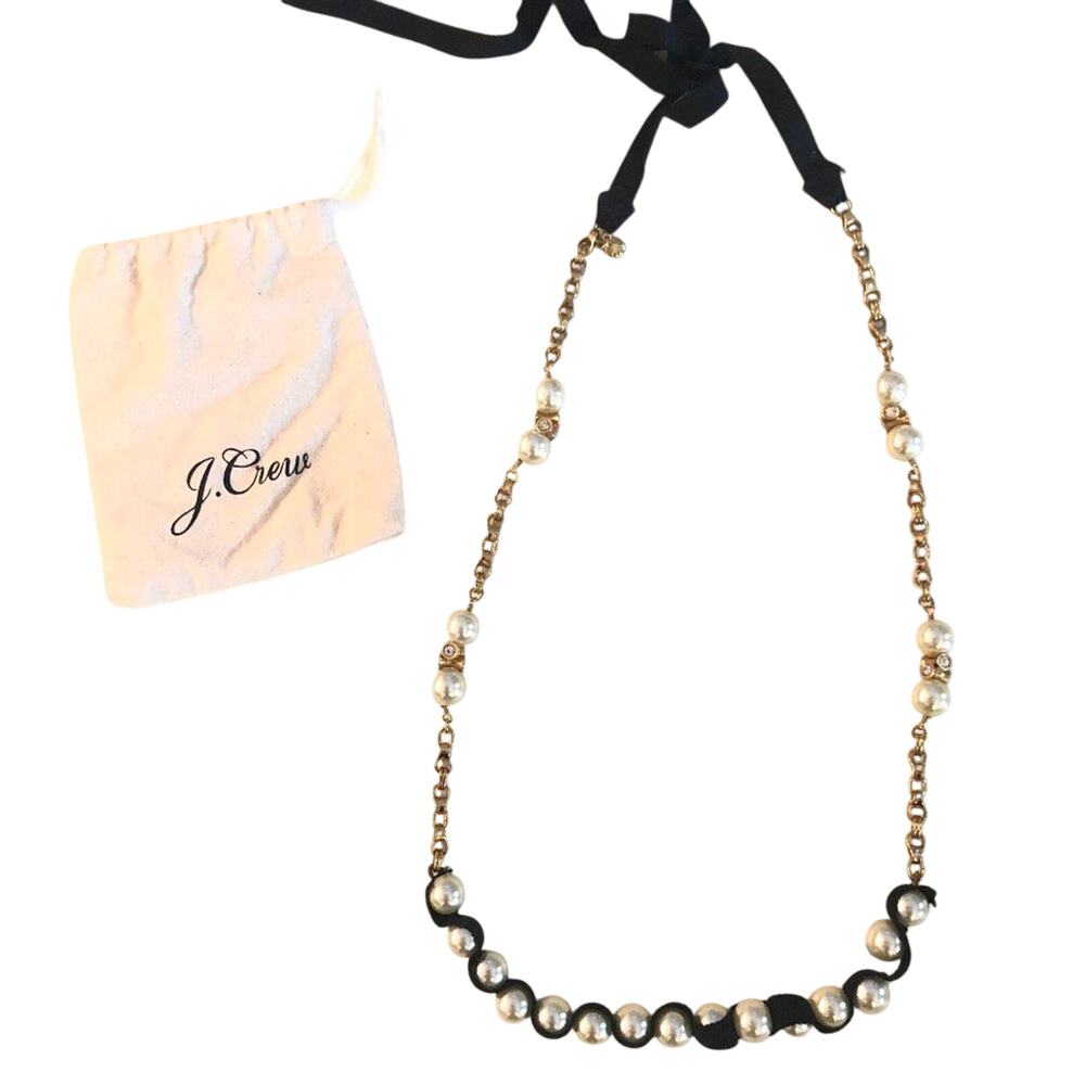 J.Crew Black Ribbon adjustable and Pearl Necklace with dustbag